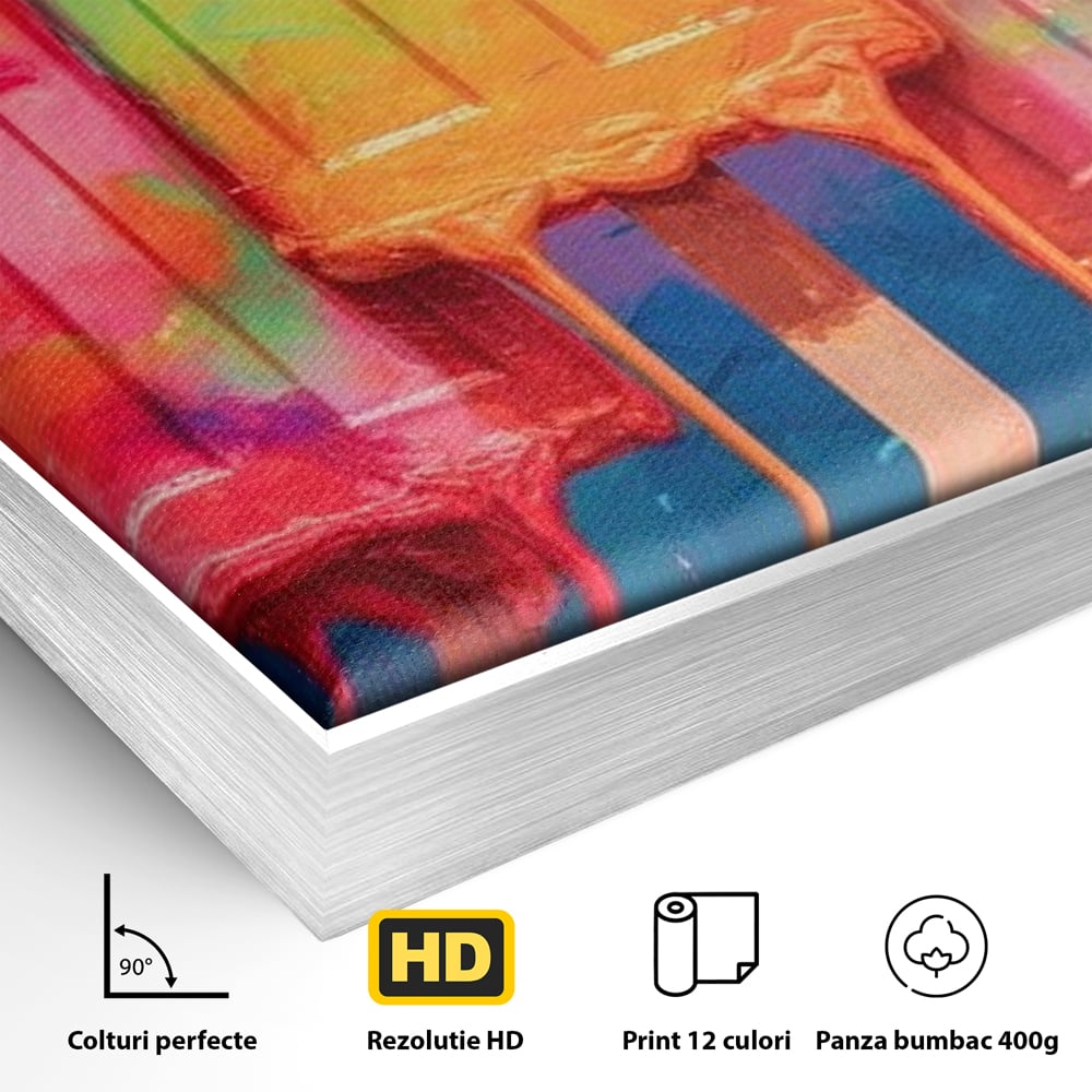 Detaliu al suprafetei: pictura digitala cu trei inghetate pe bat colorate, in rama de aluminiu argintiu